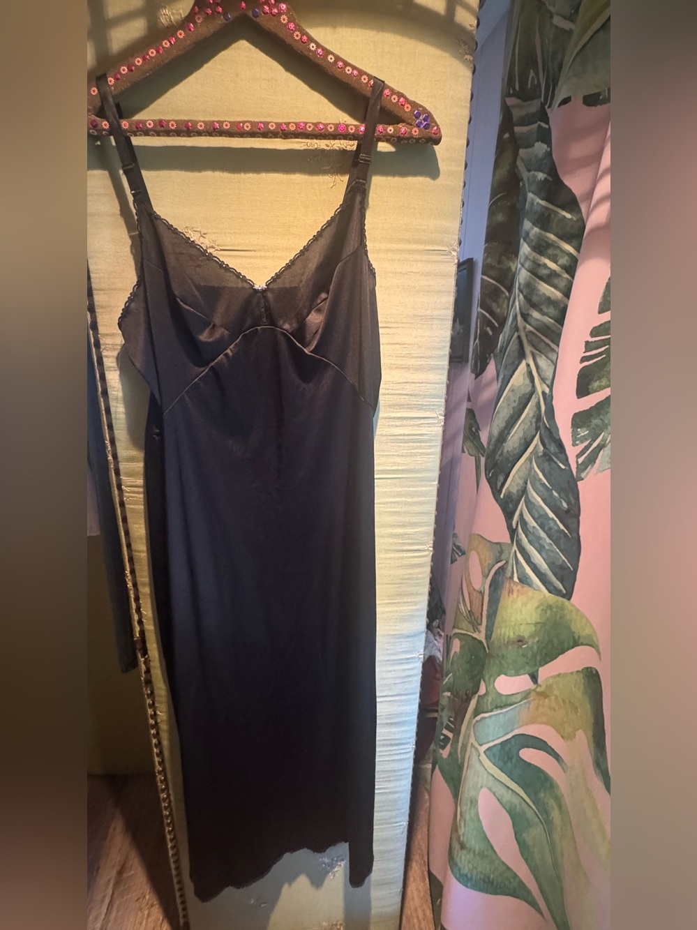 Vintage Satin Black Slip Dress with Lace Trim